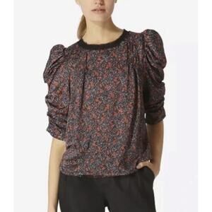 Avec Les Filles Ruched Sleeve Black Floral Puff Sleeve Blouse - Size - Medium